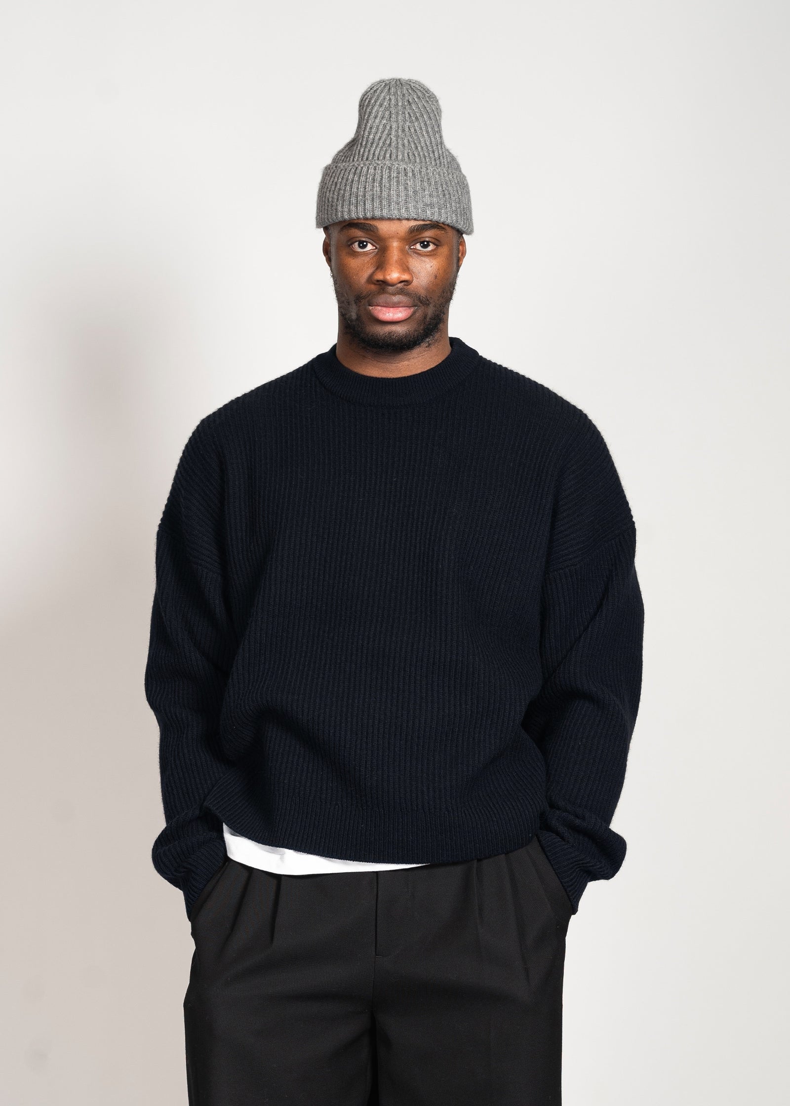 Yacaia Y-0013 Oversized Ribbed Cashmere Blend Sweater - Navy | Knitwear