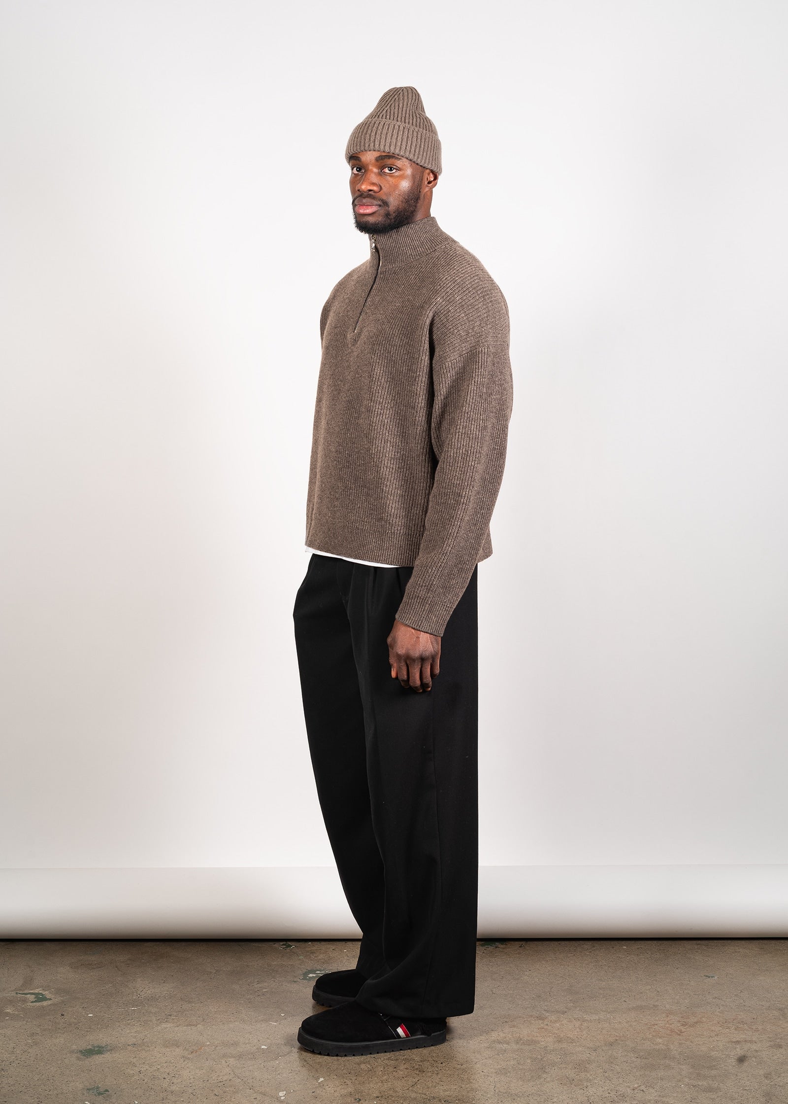 Yacaia Y-0015 Oversized Half-Zip Cashmere Blend Sweater - Dark Brown | Knitwear