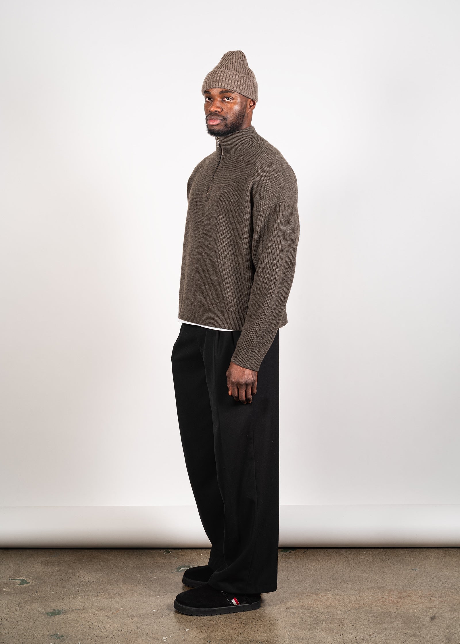 Yacaia Y-0015 Oversized Half-Zip Cashmere Blend Sweater - Dark Brown | Knitwear