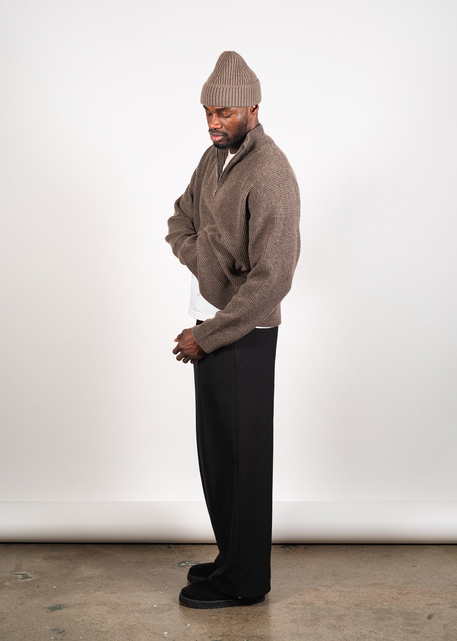Yacaia Y-0015 Oversized Half-Zip Cashmere Blend Sweater - Dark Brown | Knitwear