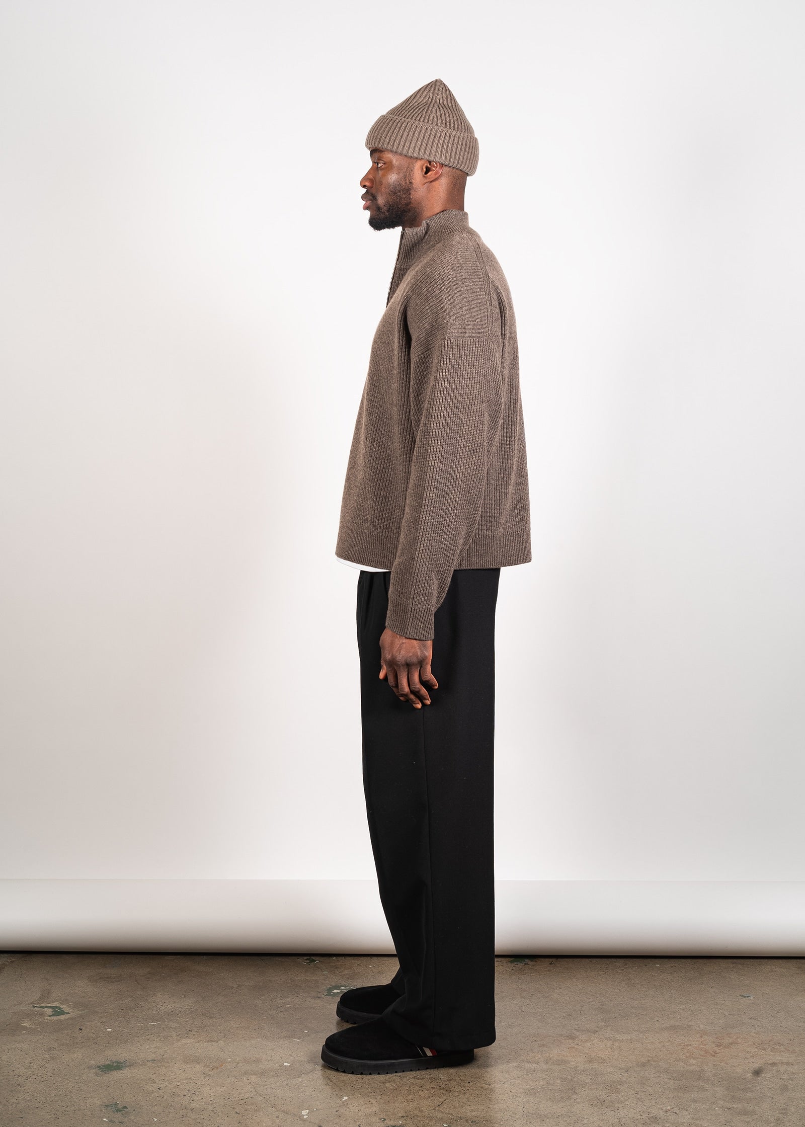 Yacaia Y-0015 Oversized Half-Zip Cashmere Blend Sweater - Dark Brown | Knitwear