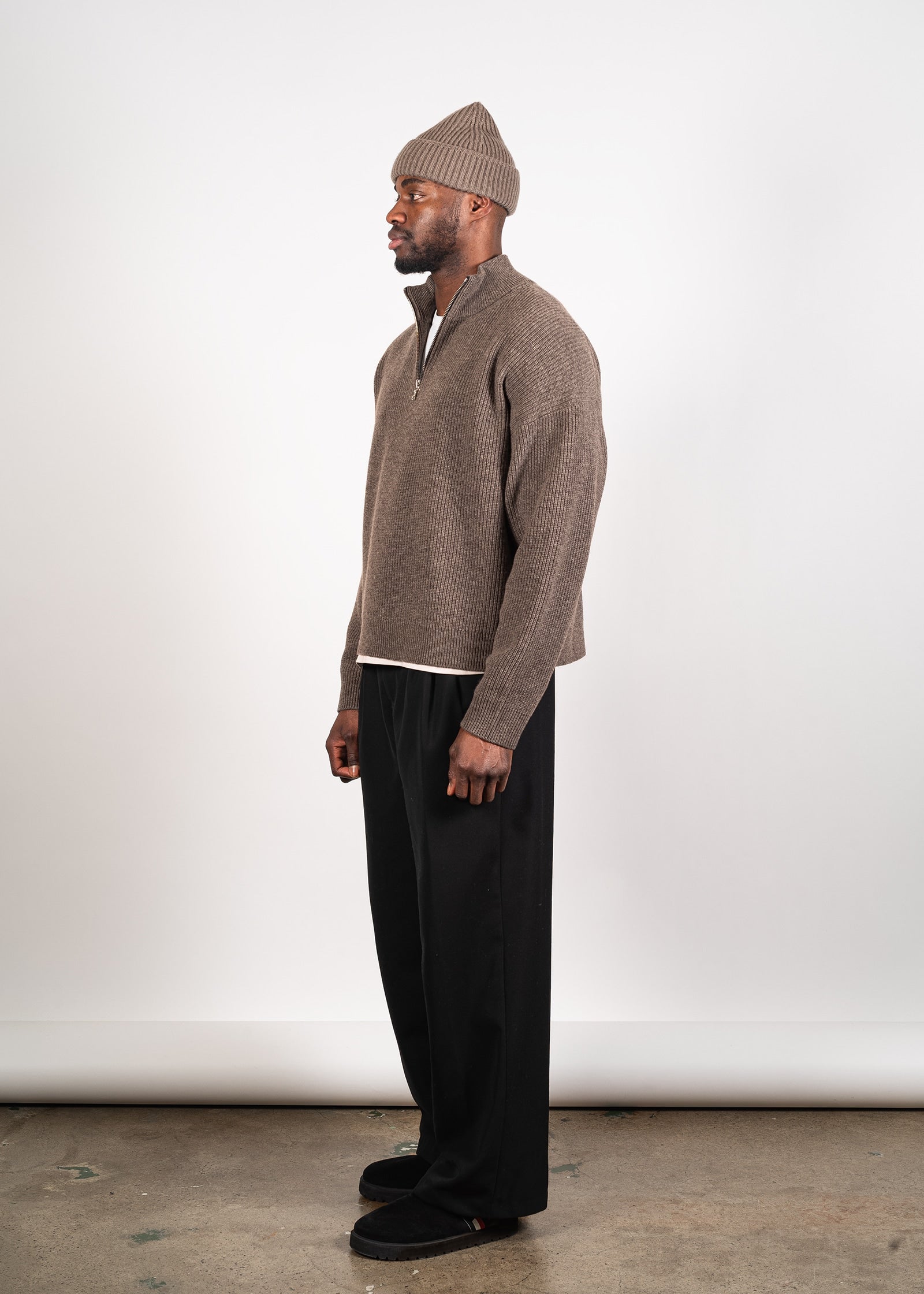 Yacaia Y-0015 Oversized Half-Zip Cashmere Blend Sweater - Dark Brown | Knitwear