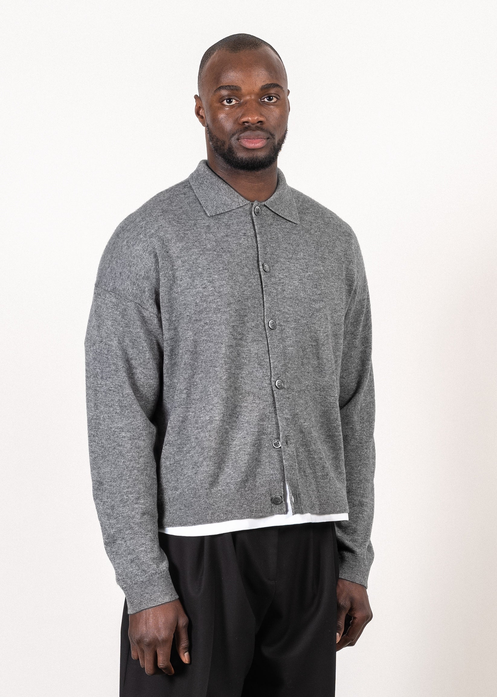 Y-0017 Oversized Merino/Cashmere Cardigan - Grey , Y-0017-GRY-Front-Closed