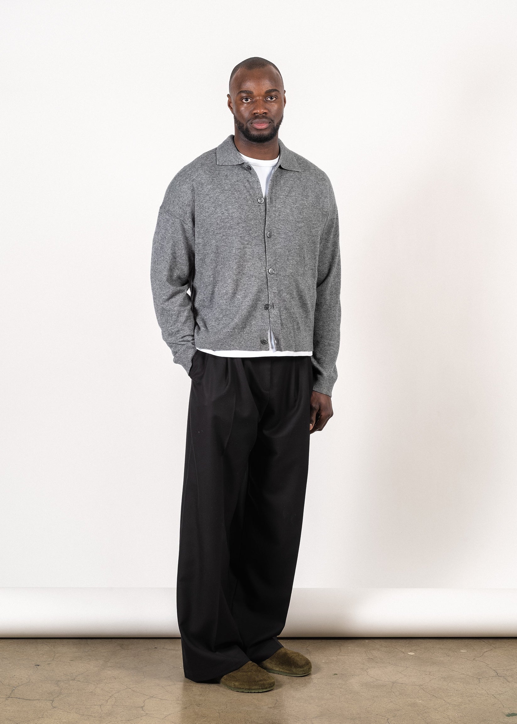 Y-0017 Oversized Merino/Cashmere Cardigan - Grey , Y-0017-GRY-Front-Semiclosed-Full