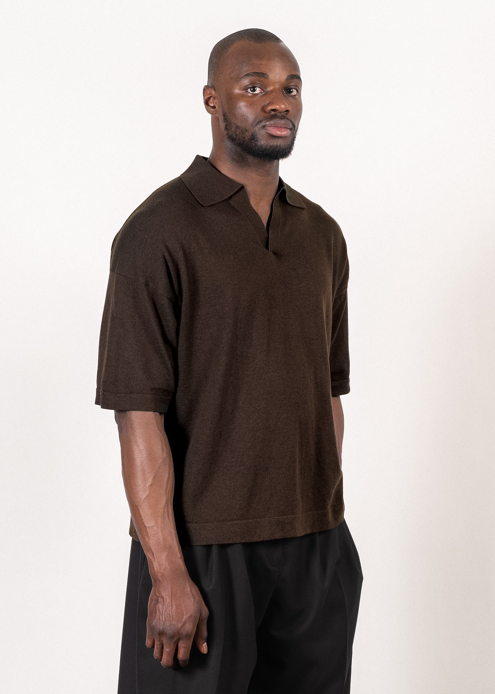 Yacaia Y-0018 Supima®/Cashmere Open Collar Polo - Dark Brown | Knitwear