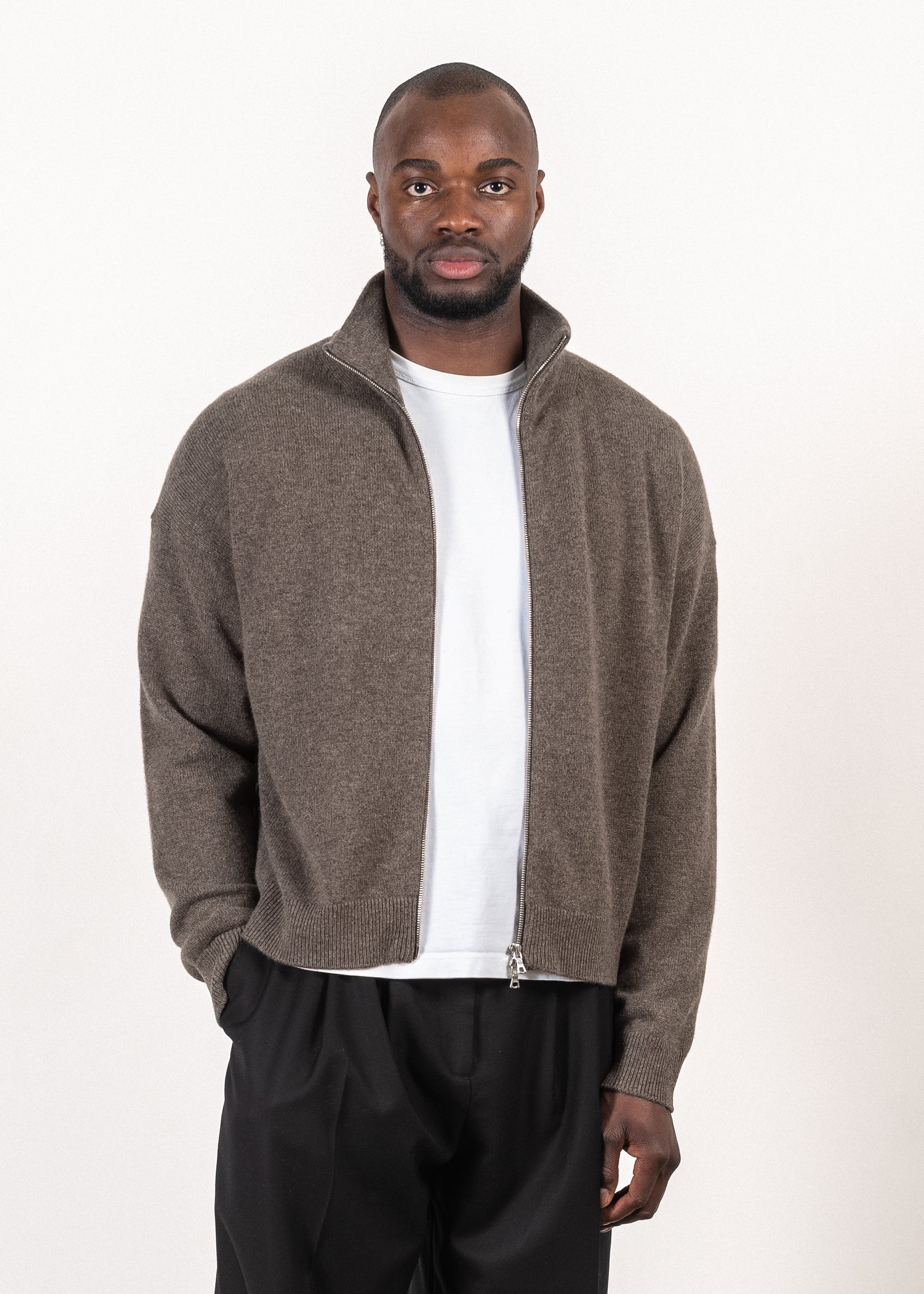 Y-0020 Oversized Full-Zip Merino/Cashmere Sweater - Dark Brown , Y-0020-DBRN-Open