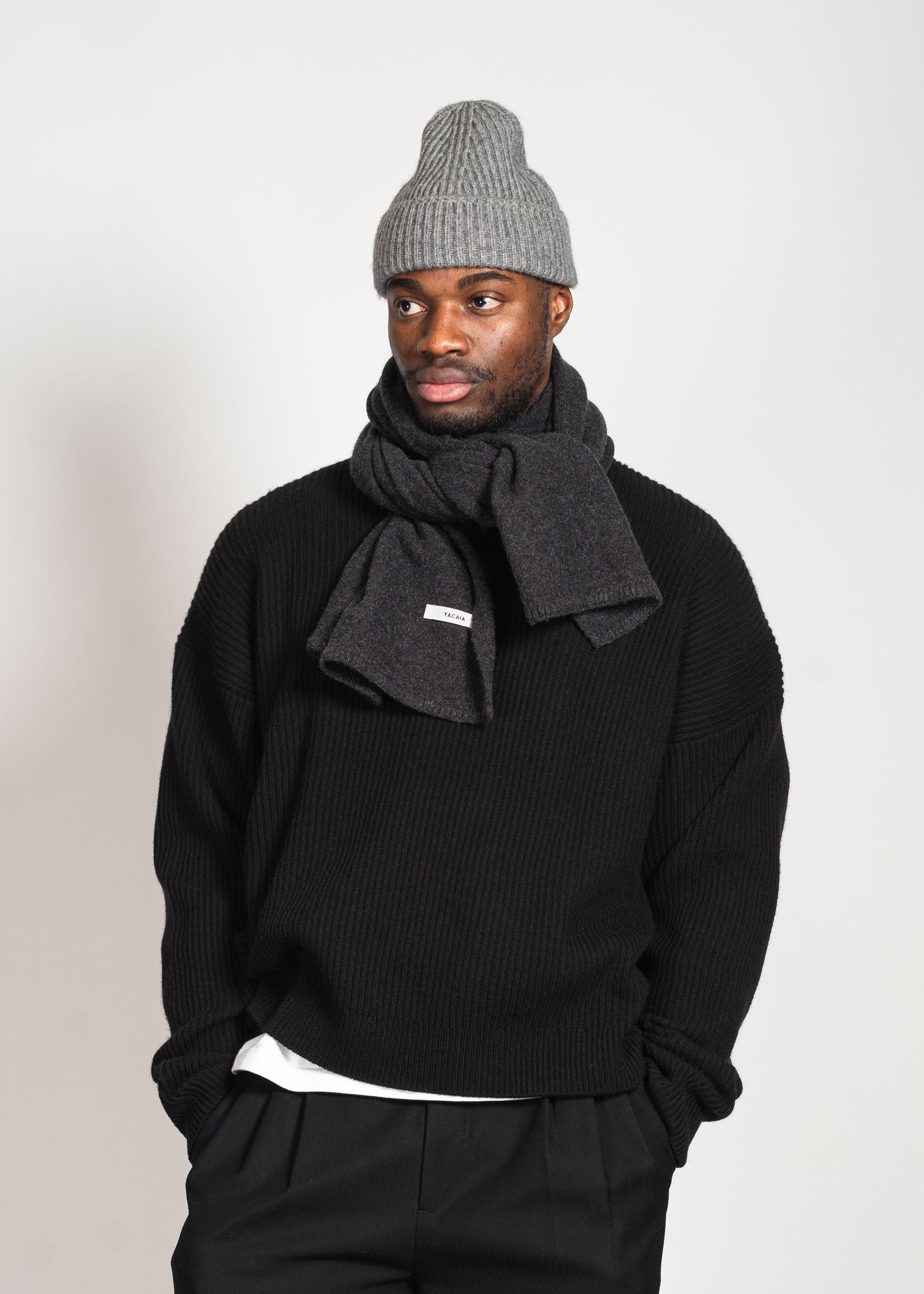 Yacaia Y-0012 Knitted Merino Cashmere Scarf - Black Melange | Headwear