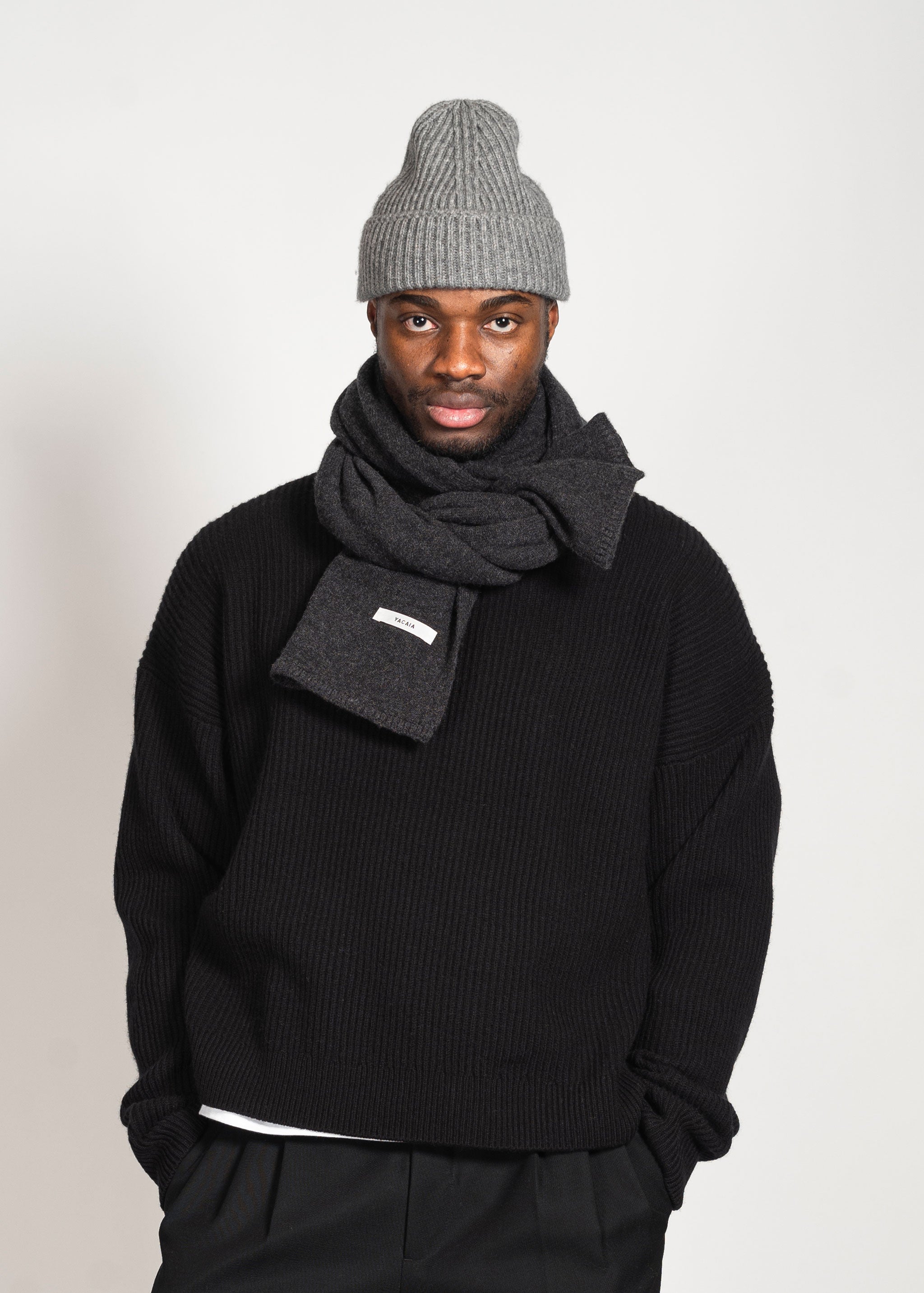 Yacaia Y-0012 Knitted Merino Cashmere Scarf - Black Melange | Headwear