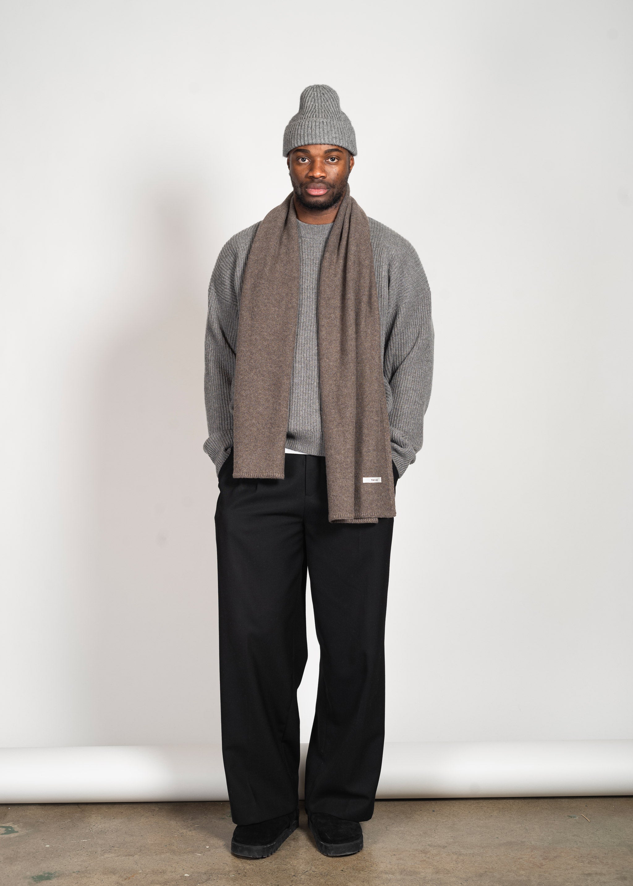 Yacaia Y-0012 Knitted Merino Cashmere Scarf - Dark Brown | Headwear