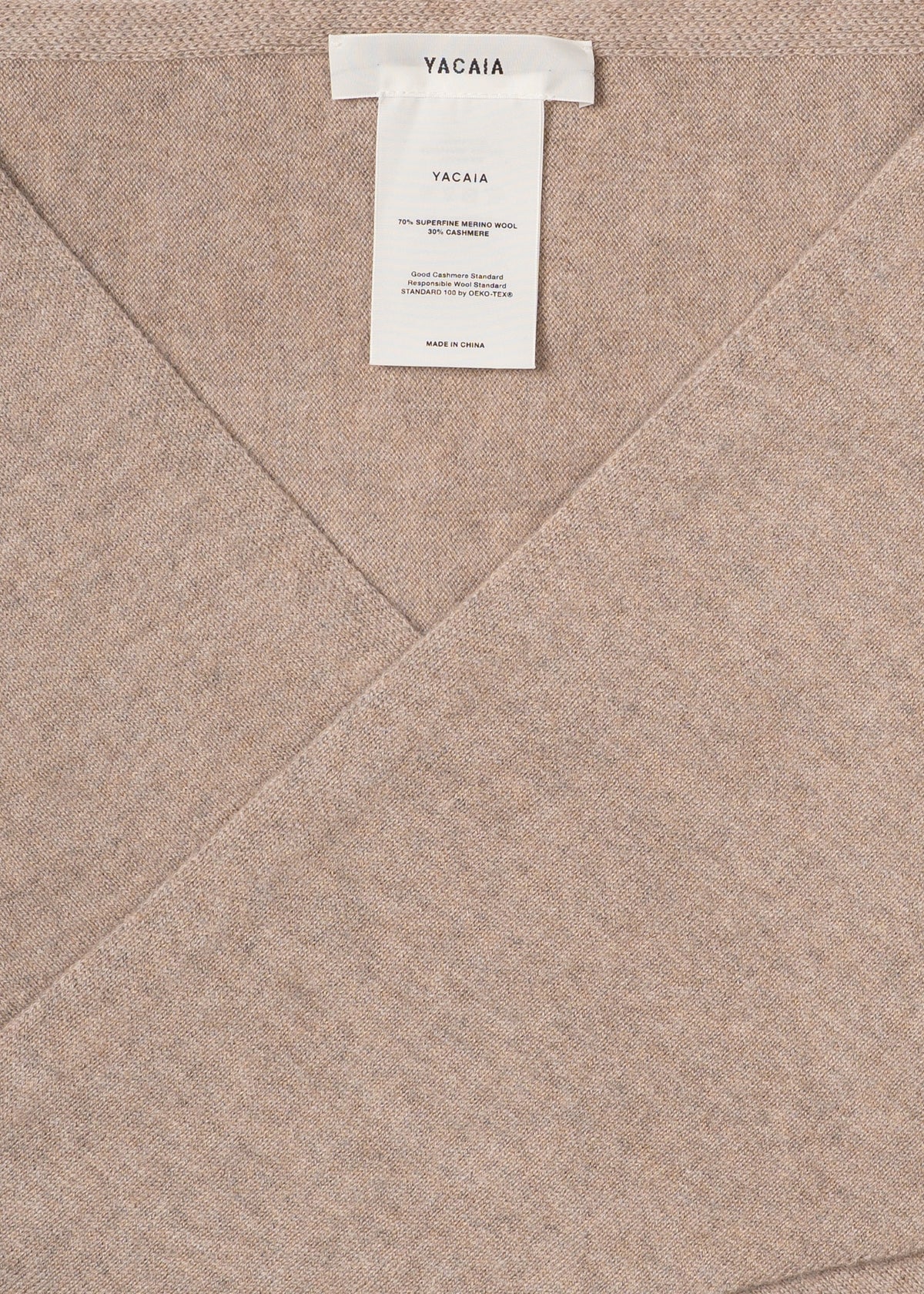 Y-0022 Triangle Merino/Cashmere Scarf - Sand , Yacaia_Y-0022_Sand_Flatlay_Zoom
