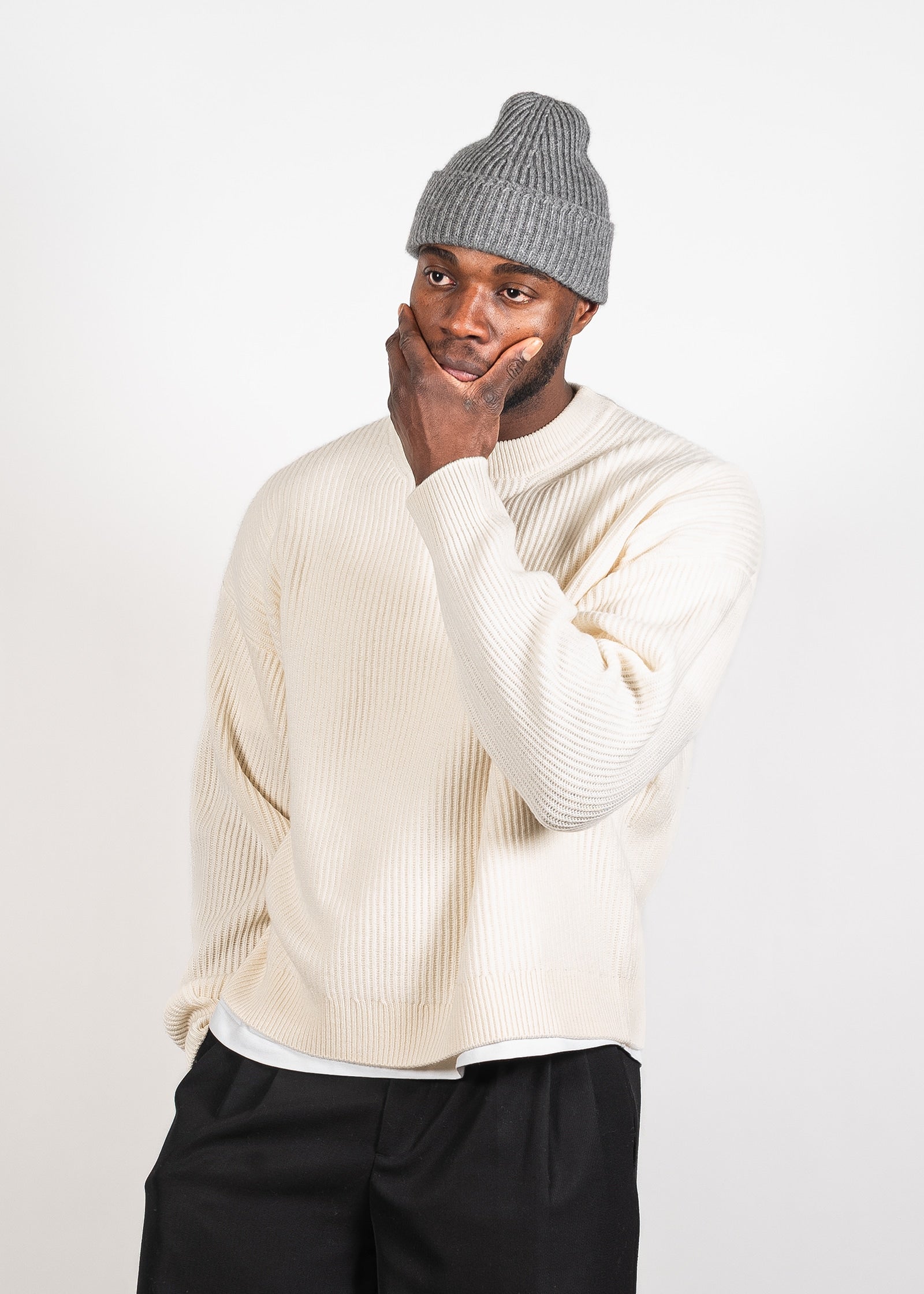 Yacaia Y-0013 Oversized Ribbed Cashmere Blend Sweater - Cloud | Knitwear
