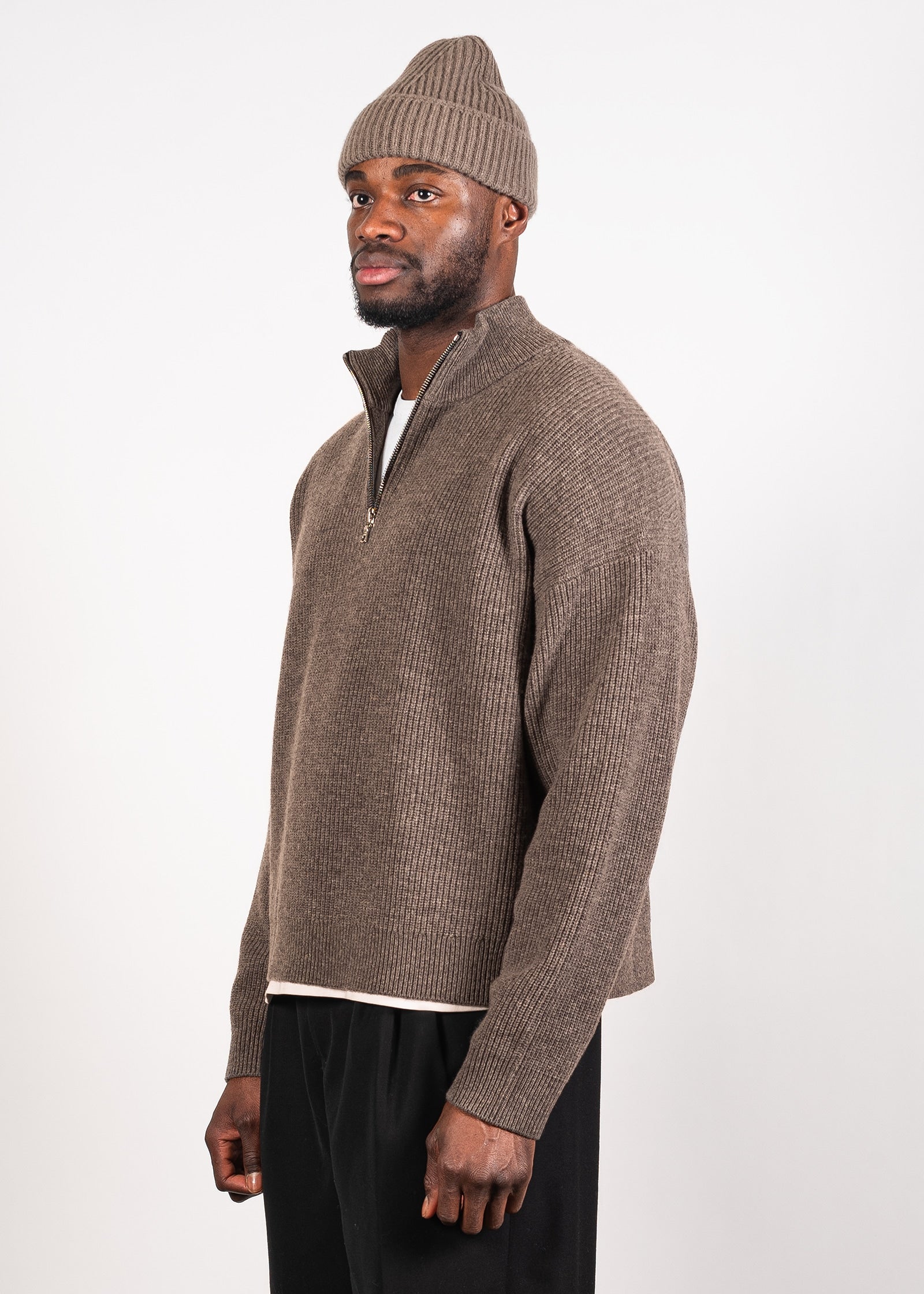 Yacaia Y-0015 Oversized Half-Zip Cashmere Blend Sweater - Dark Brown | Knitwear