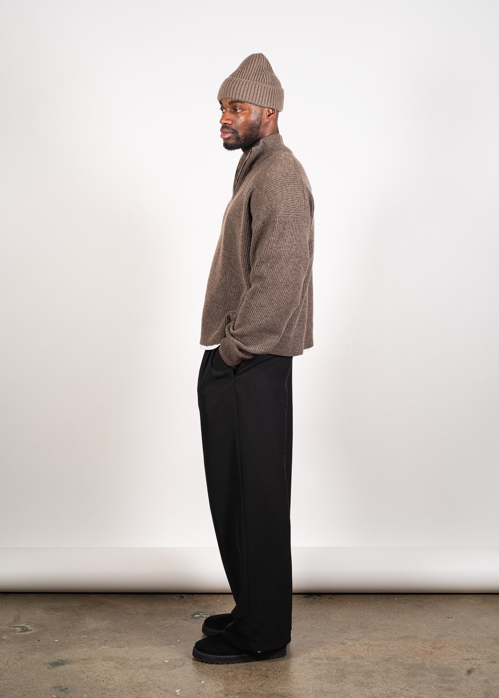 Yacaia Y-0015 Oversized Half-Zip Cashmere Blend Sweater - Dark Brown | Knitwear