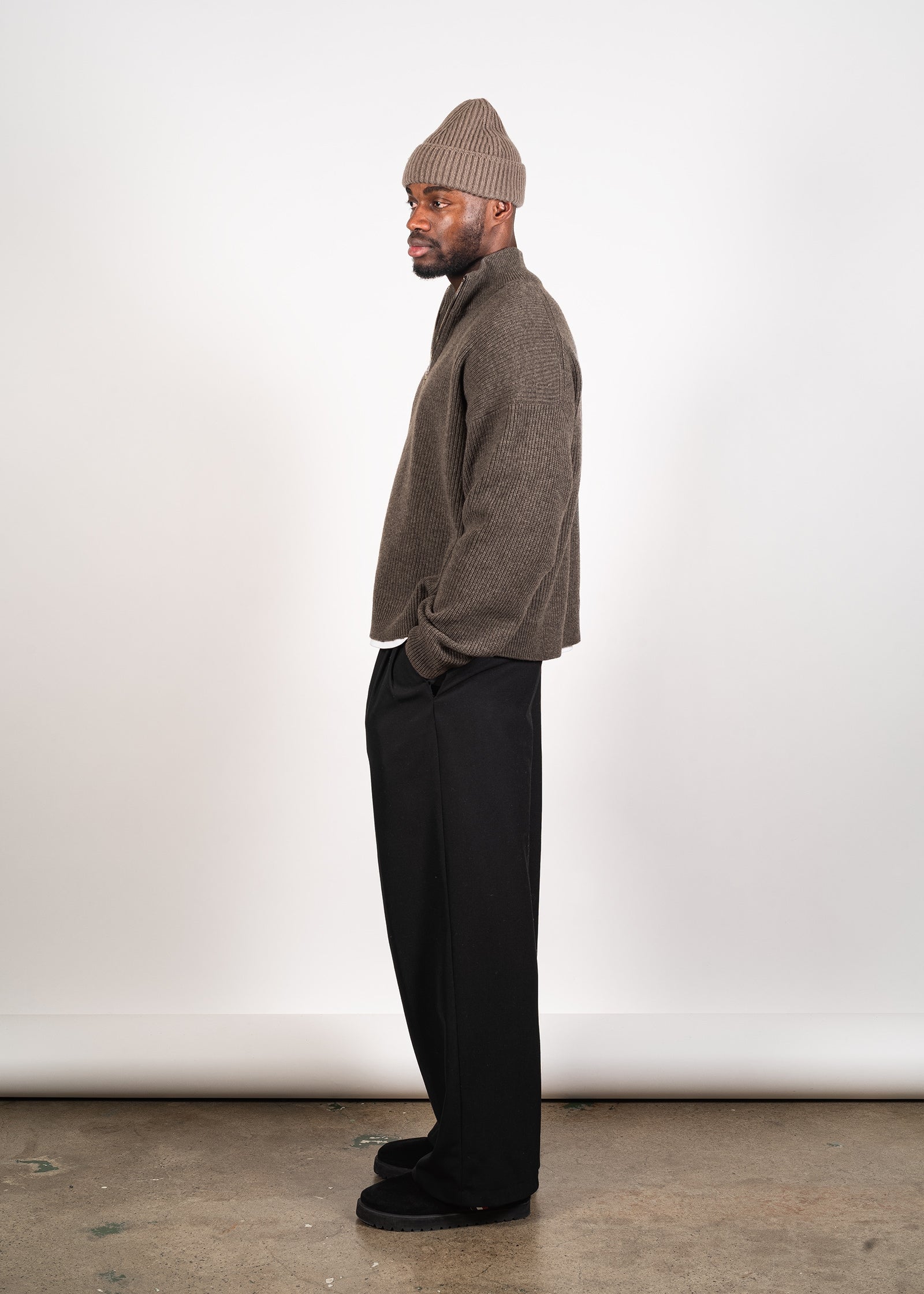 Yacaia Y-0015 Oversized Half-Zip Cashmere Blend Sweater - Dark Brown | Knitwear