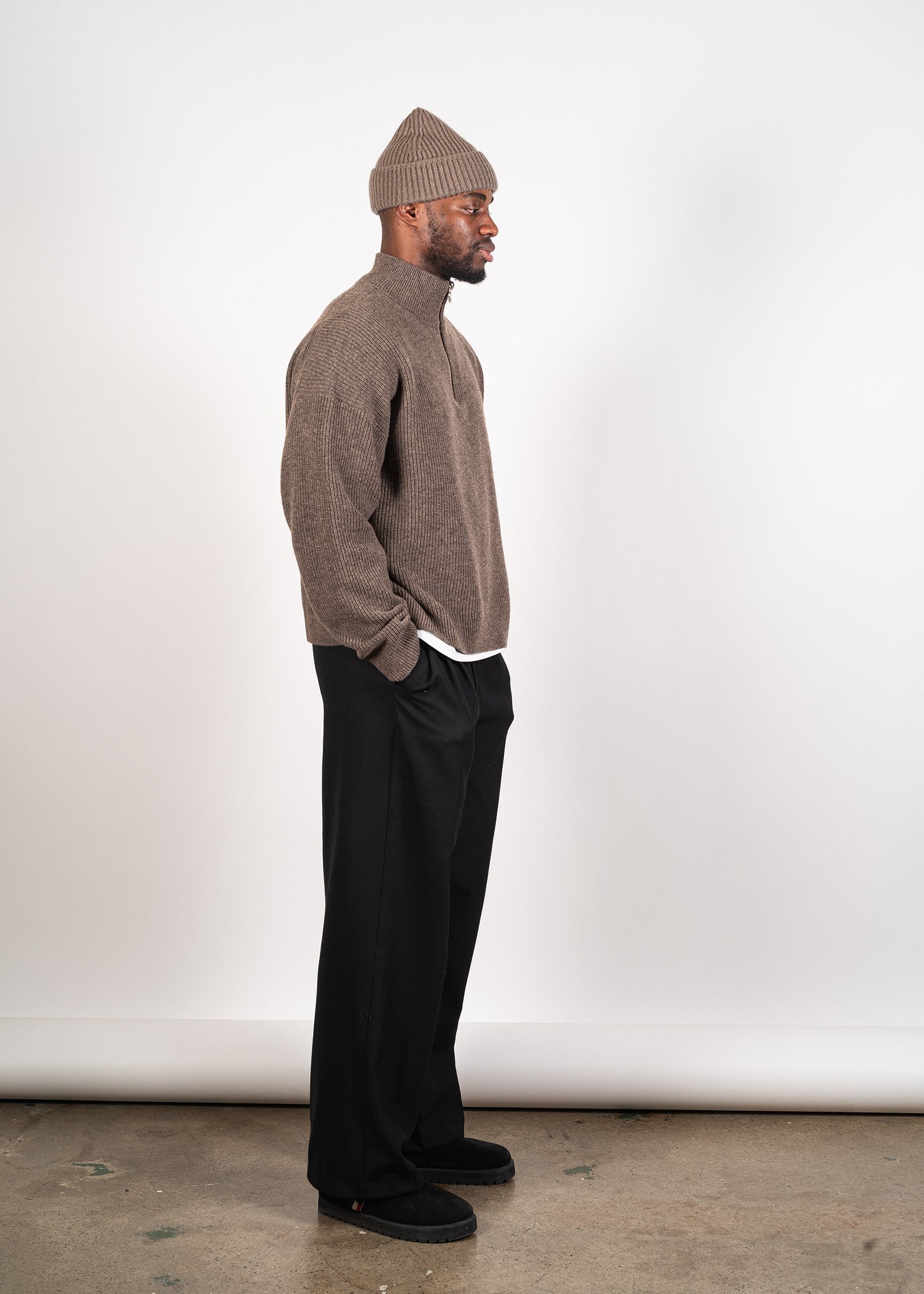Yacaia Y-0015 Oversized Half-Zip Cashmere Blend Sweater - Dark Brown | Knitwear