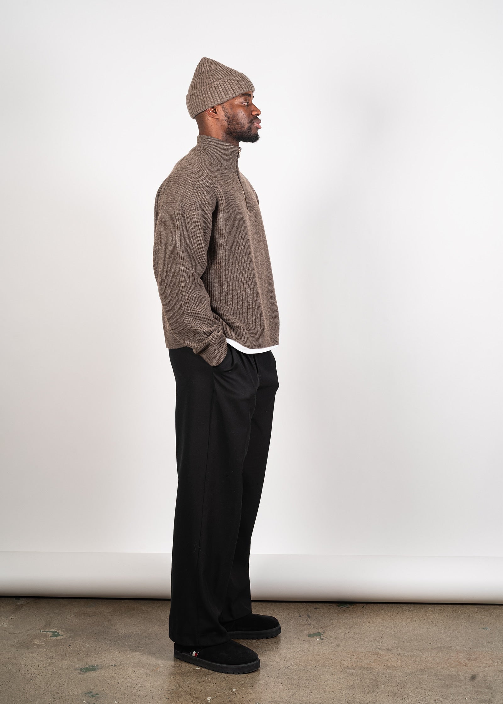 Yacaia Y-0015 Oversized Half-Zip Cashmere Blend Sweater - Dark Brown | Knitwear
