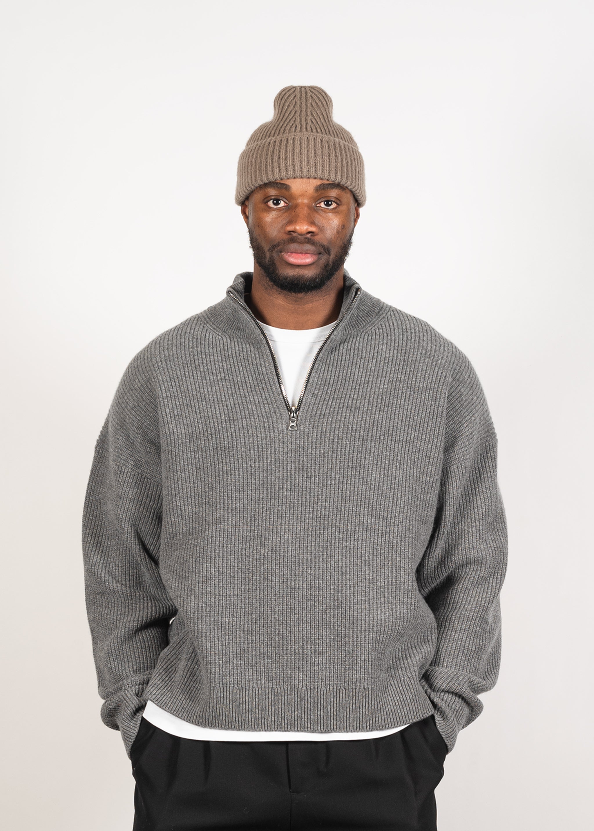 Yacaia Y-0015 Oversized Half-Zip Cashmere Blend Sweater - Grey | Knitwear