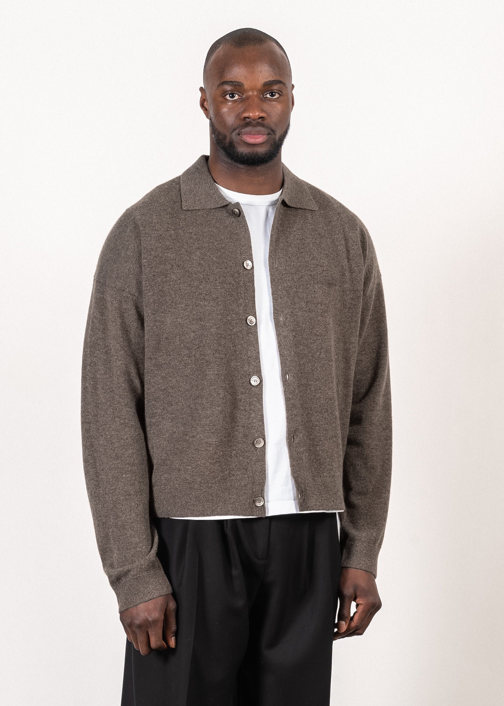 Merino/cashmere oversized cardigan in dark brown — Y-0017 | YACAIA