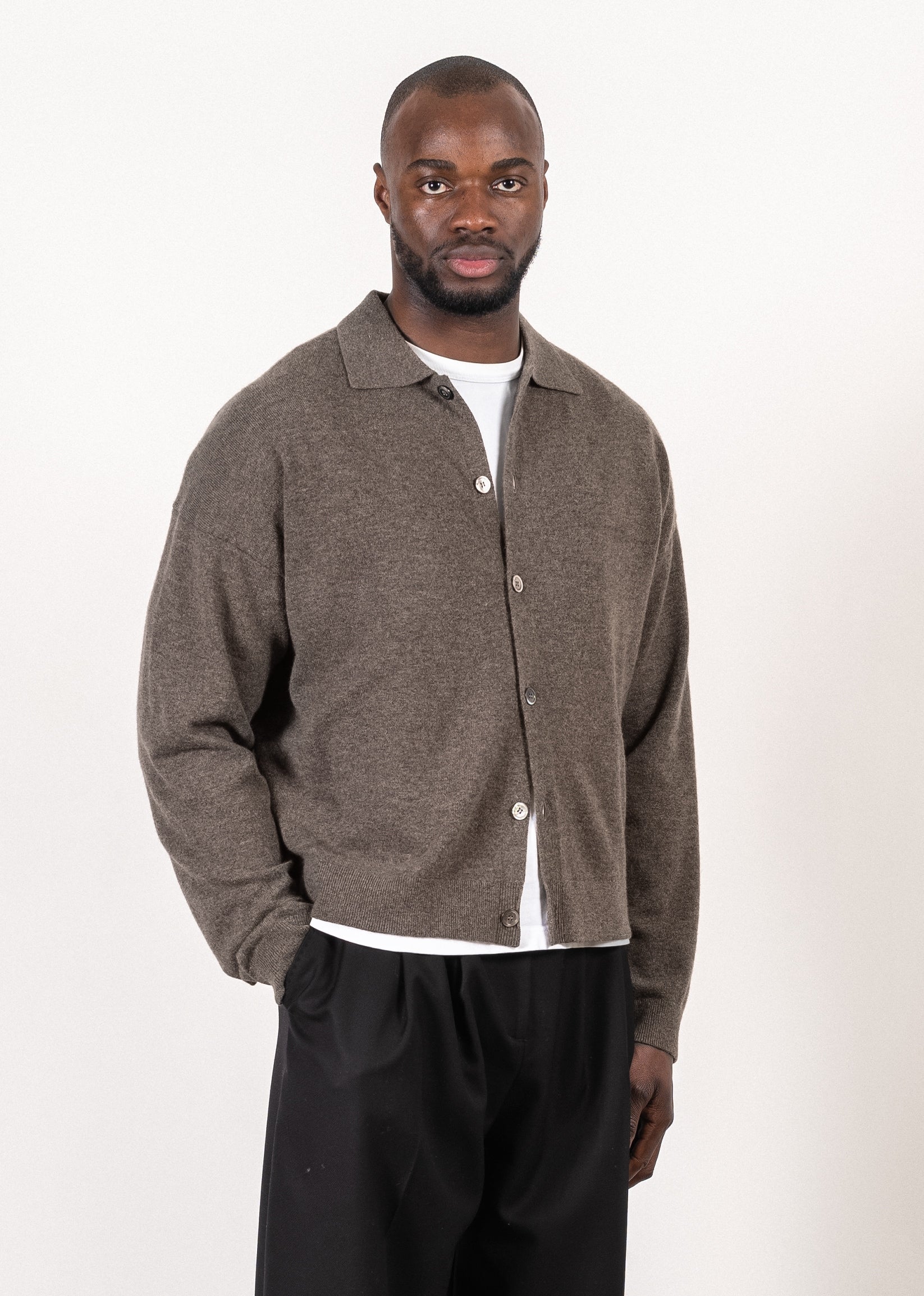 Merino/cashmere oversized cardigan in dark brown — Y-0017 | YACAIA