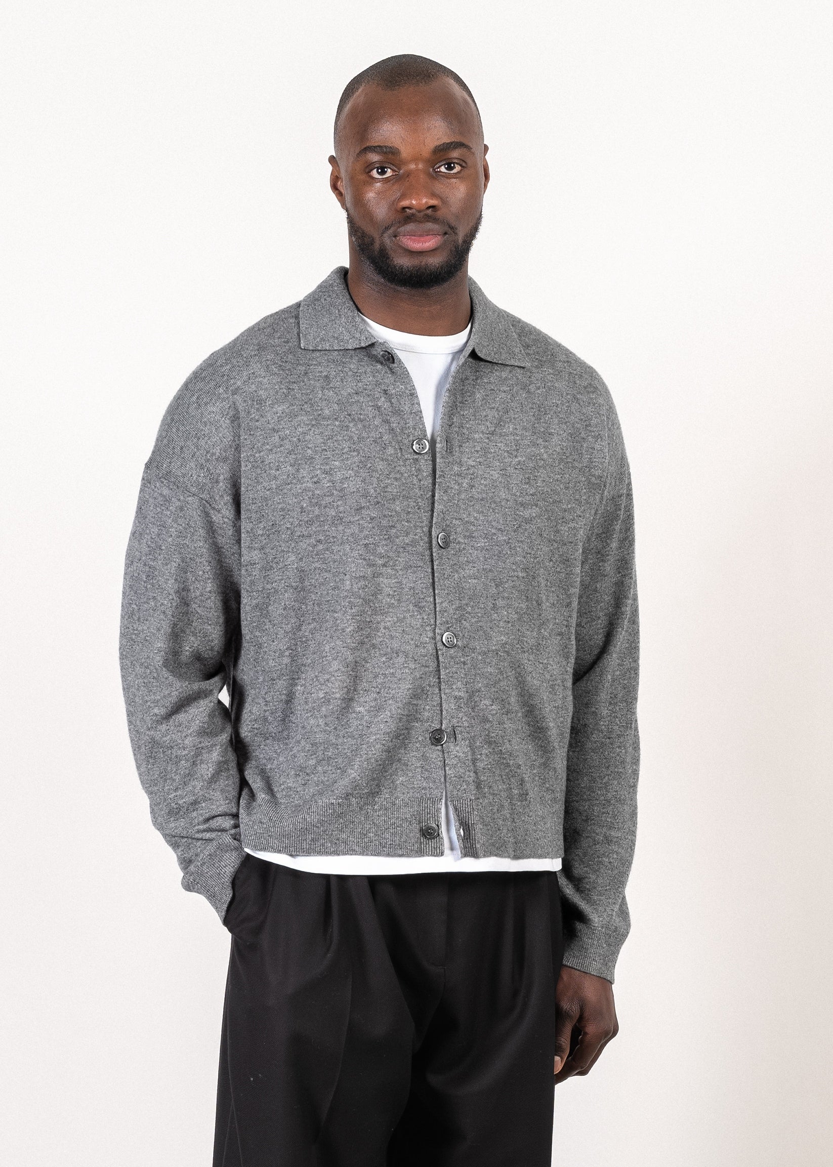 Y-0017 Oversized Merino/Cashmere Cardigan - Grey , Y-0017-GRY-Front-Semiclosed