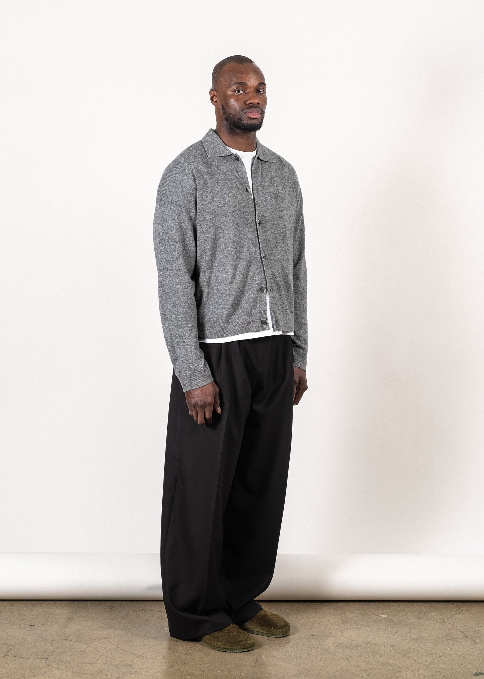 Y-0017 Oversized Merino/Cashmere Cardigan - Grey , Y-0017-GRY-Frontside-Semiclosed-Full