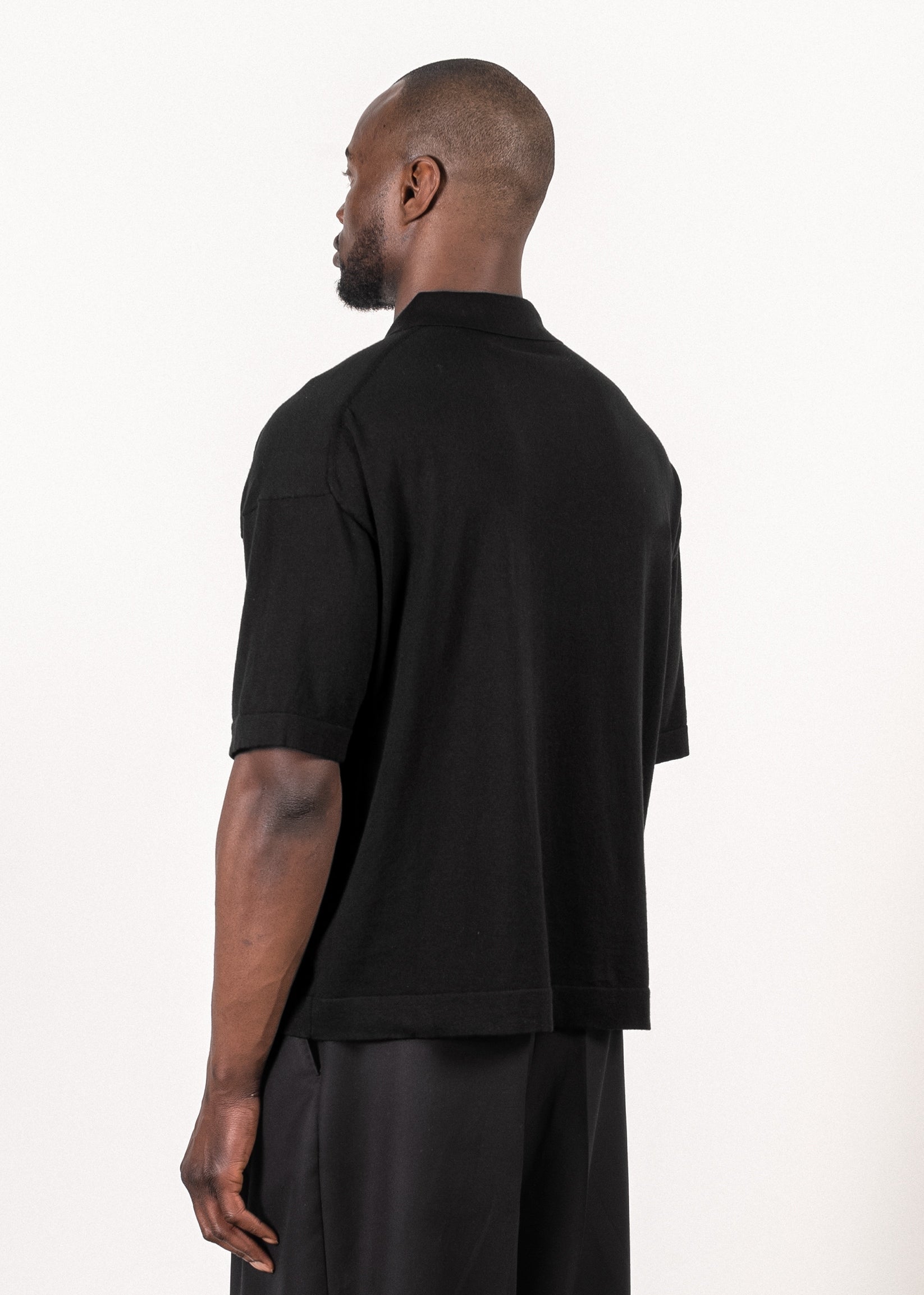Supima®/cashmere open-collar polo in black — Y-0018 | YACAIA