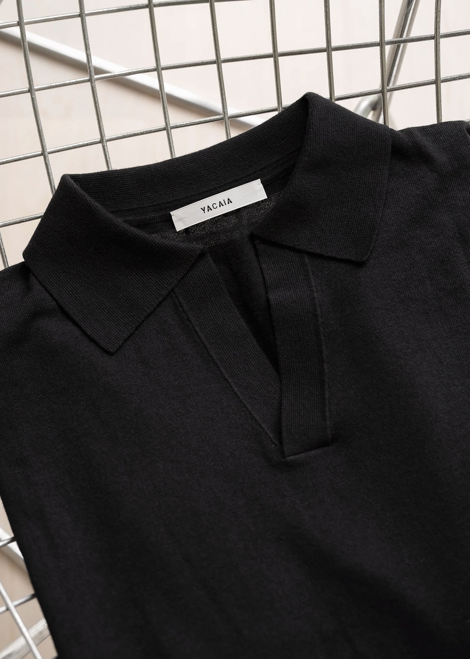 Supima®/cashmere open-collar polo in black — Y-0018 | YACAIA