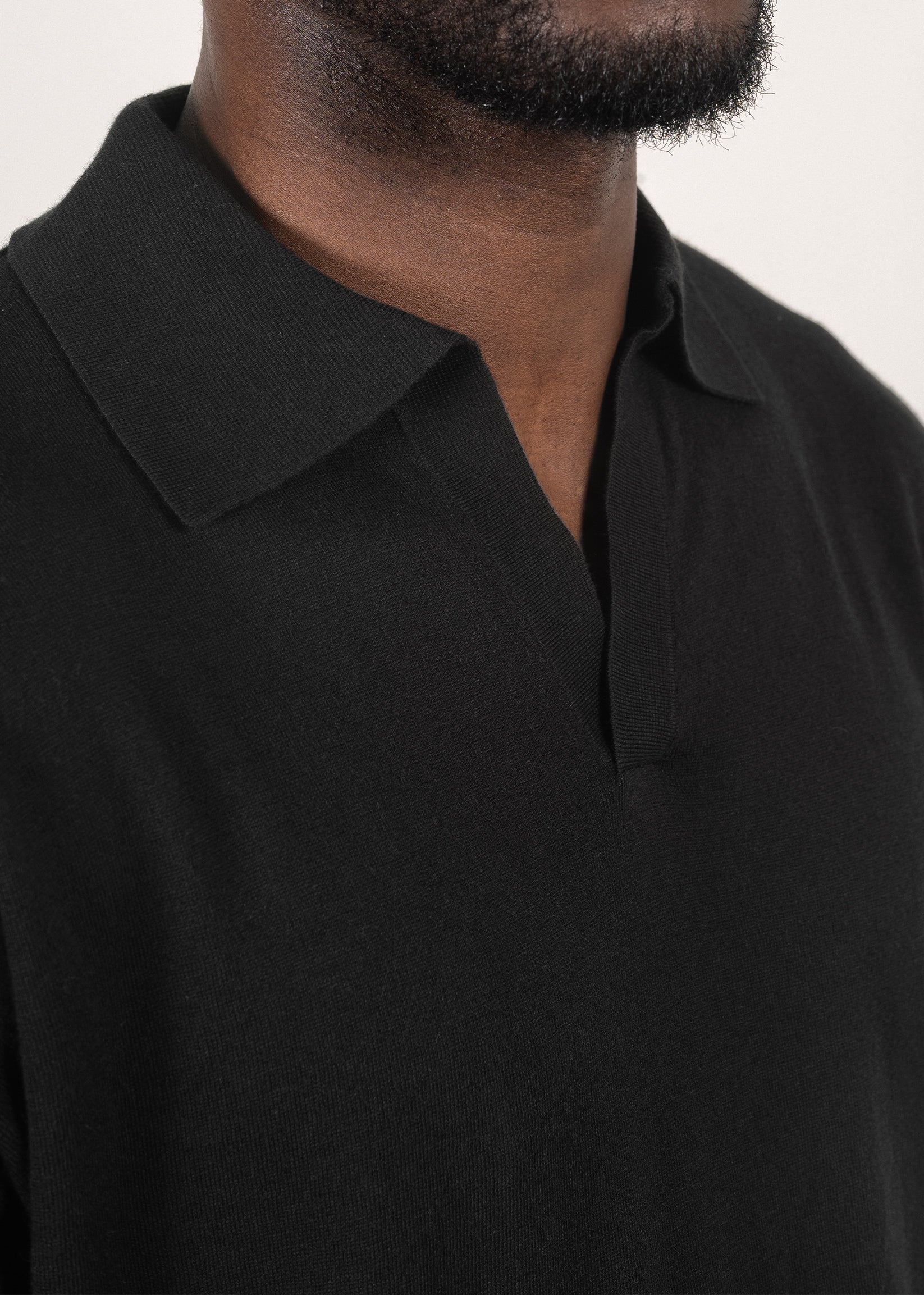 Supima®/cashmere open-collar polo in black — Y-0018 | YACAIA