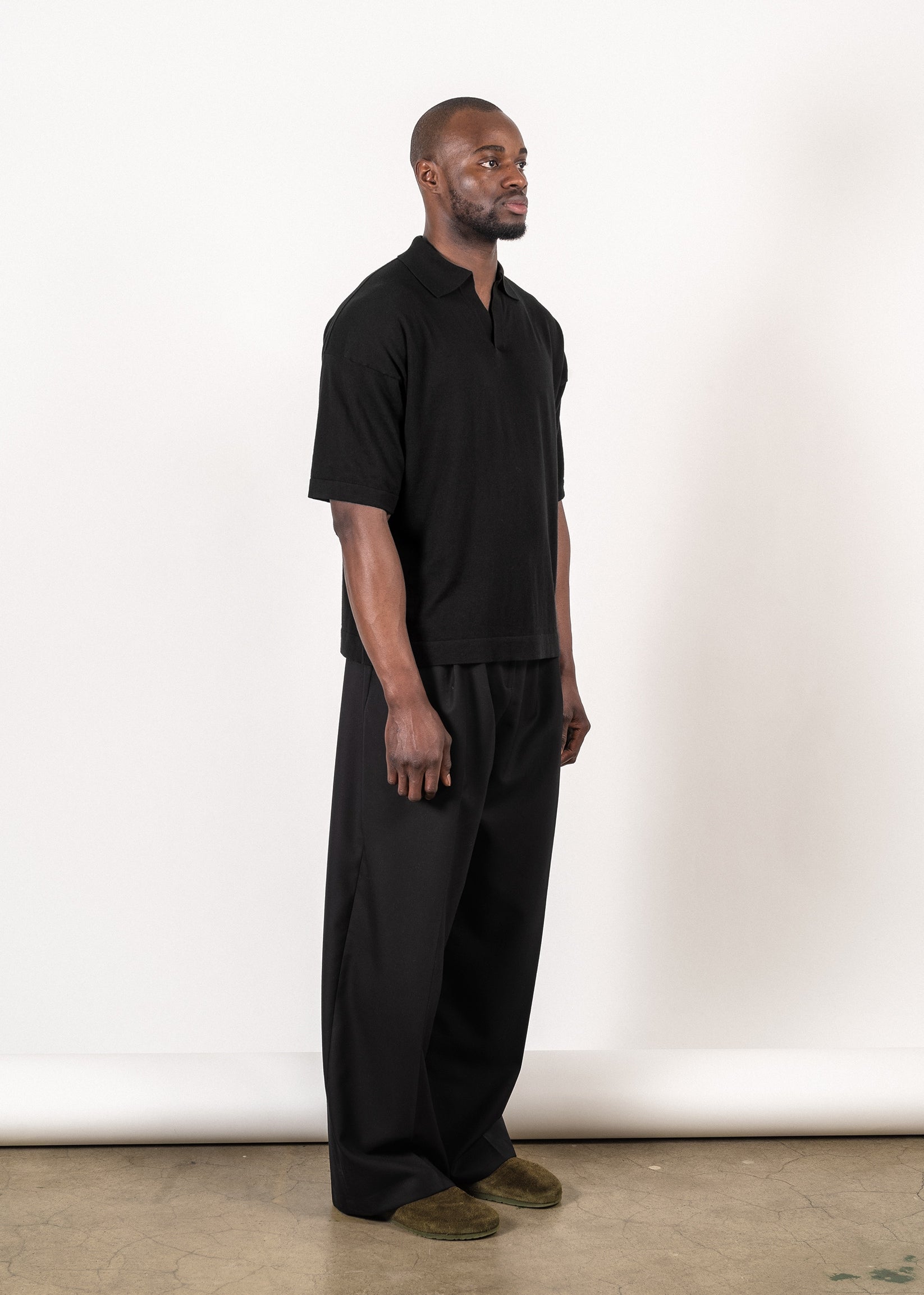 Supima®/cashmere open-collar polo in black — Y-0018 | YACAIA