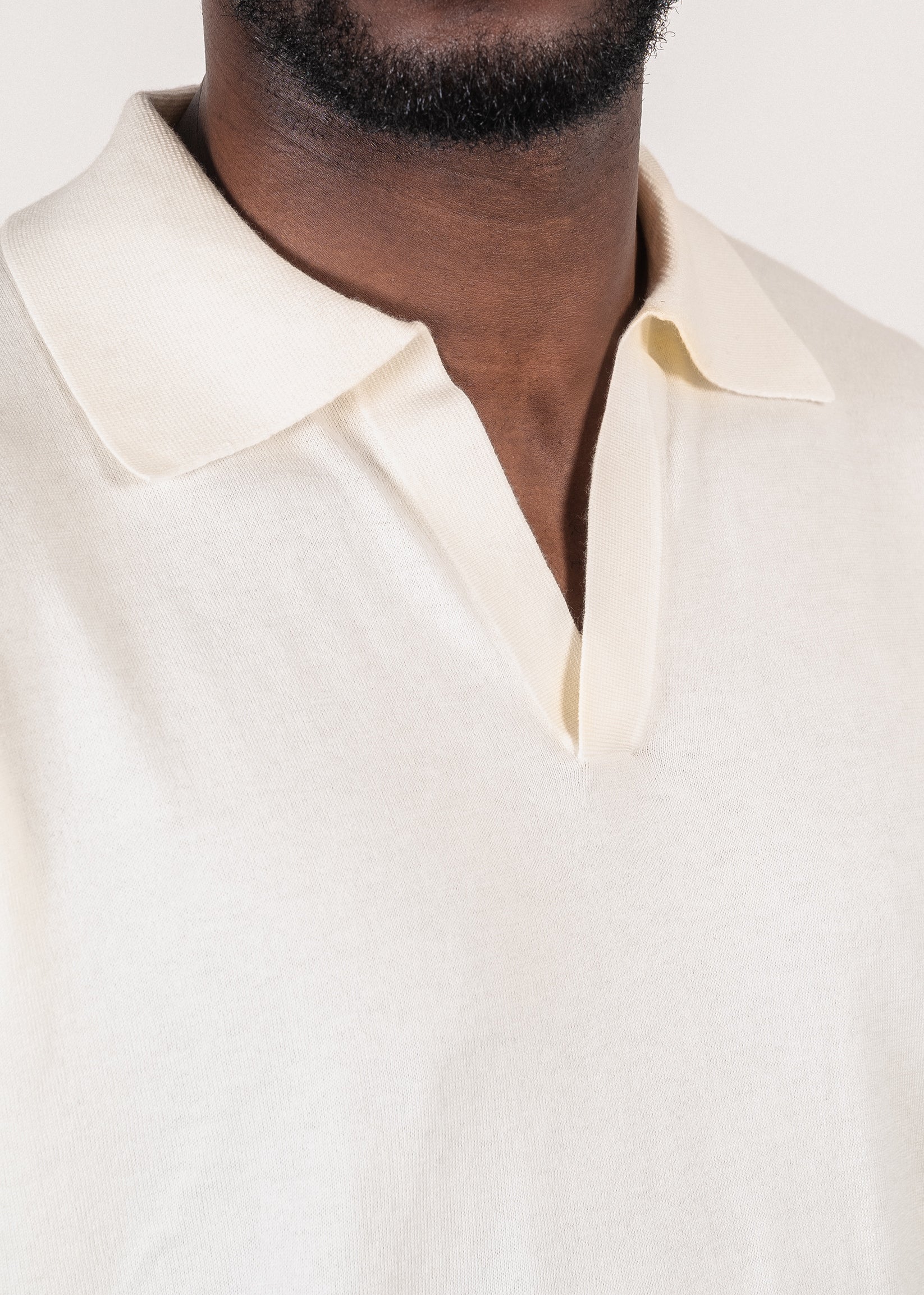 Supima®/cashmere open-collar polo in cloud — Y-0018 | YACAIA