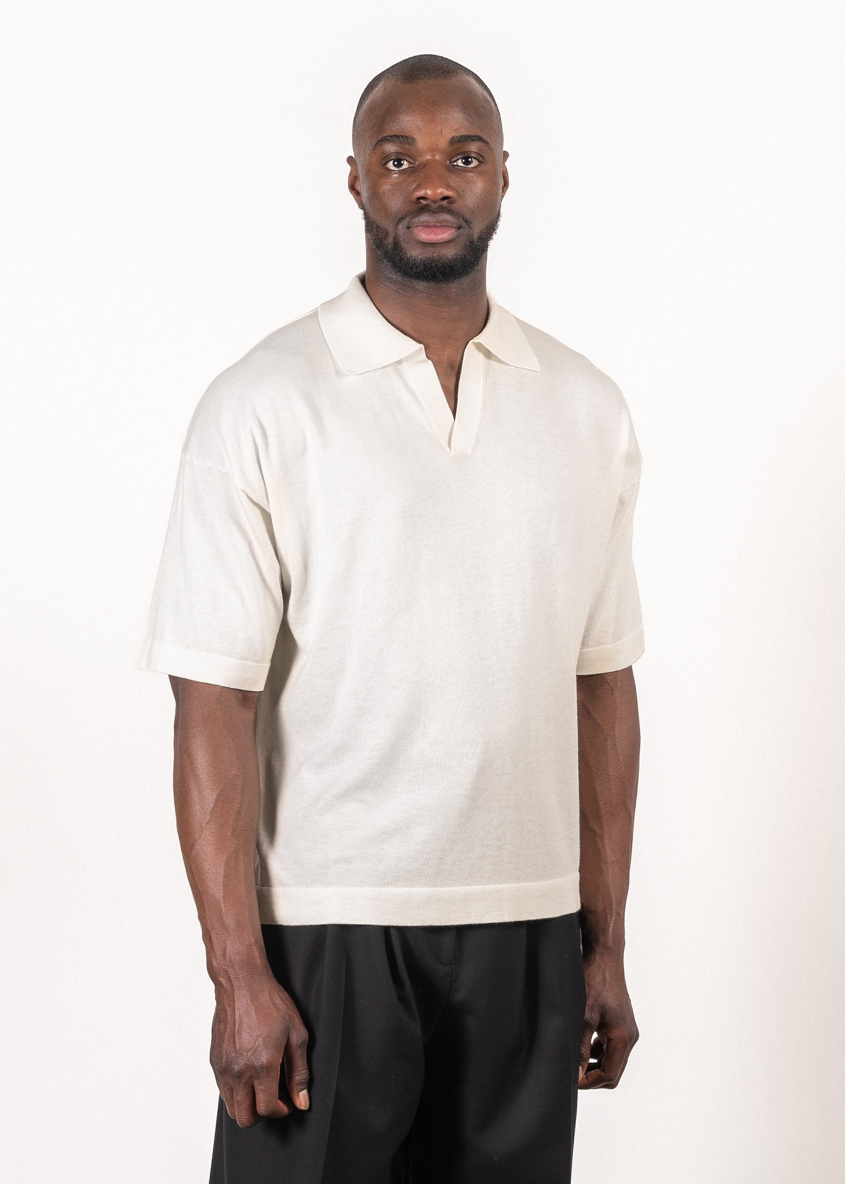 Supima®/cashmere open-collar polo in cloud — Y-0018 | YACAIA