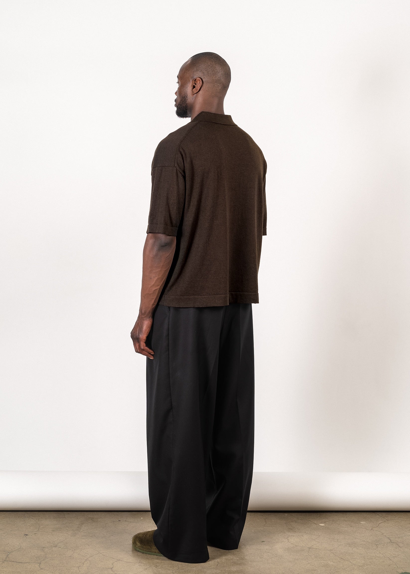 Yacaia Y-0018 Supima®/Cashmere Open Collar Polo - Dark Brown | Knitwear