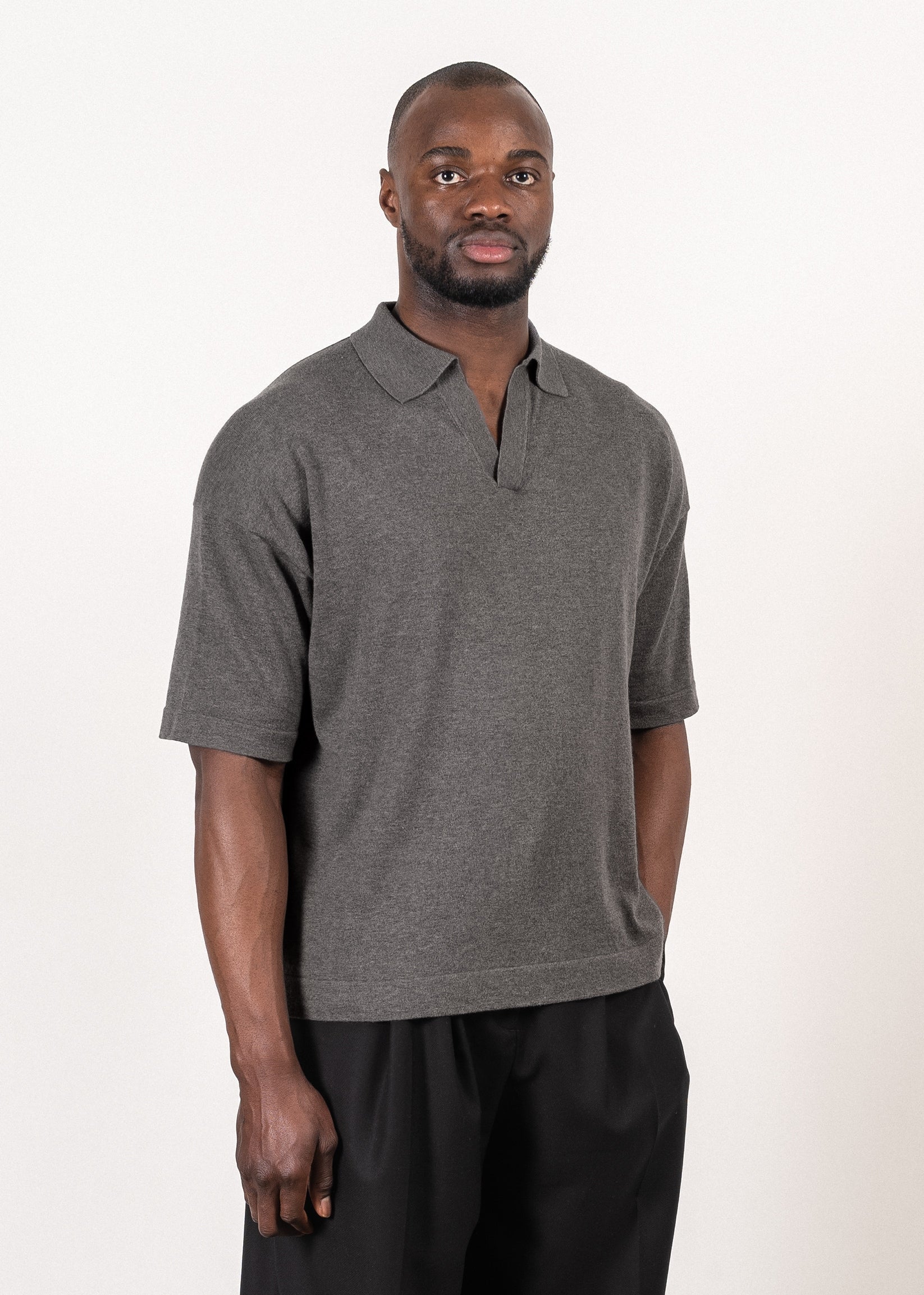 Supima®/cashmere open-collar polo in grey — Y-0018 | YACAIA