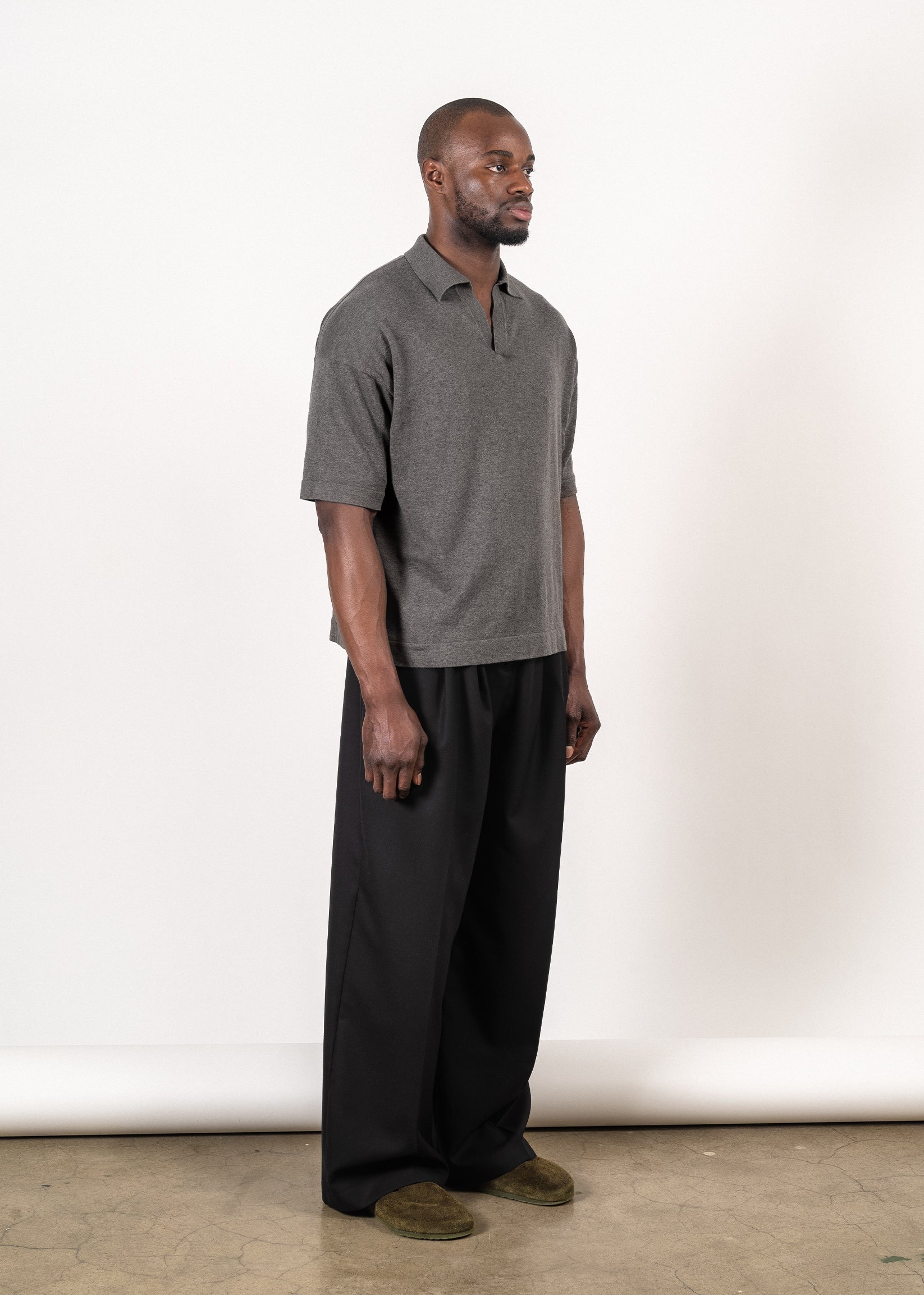 Yacaia Y-0018 Supima®/Cashmere Open Collar Polo - Grey | Knitwear