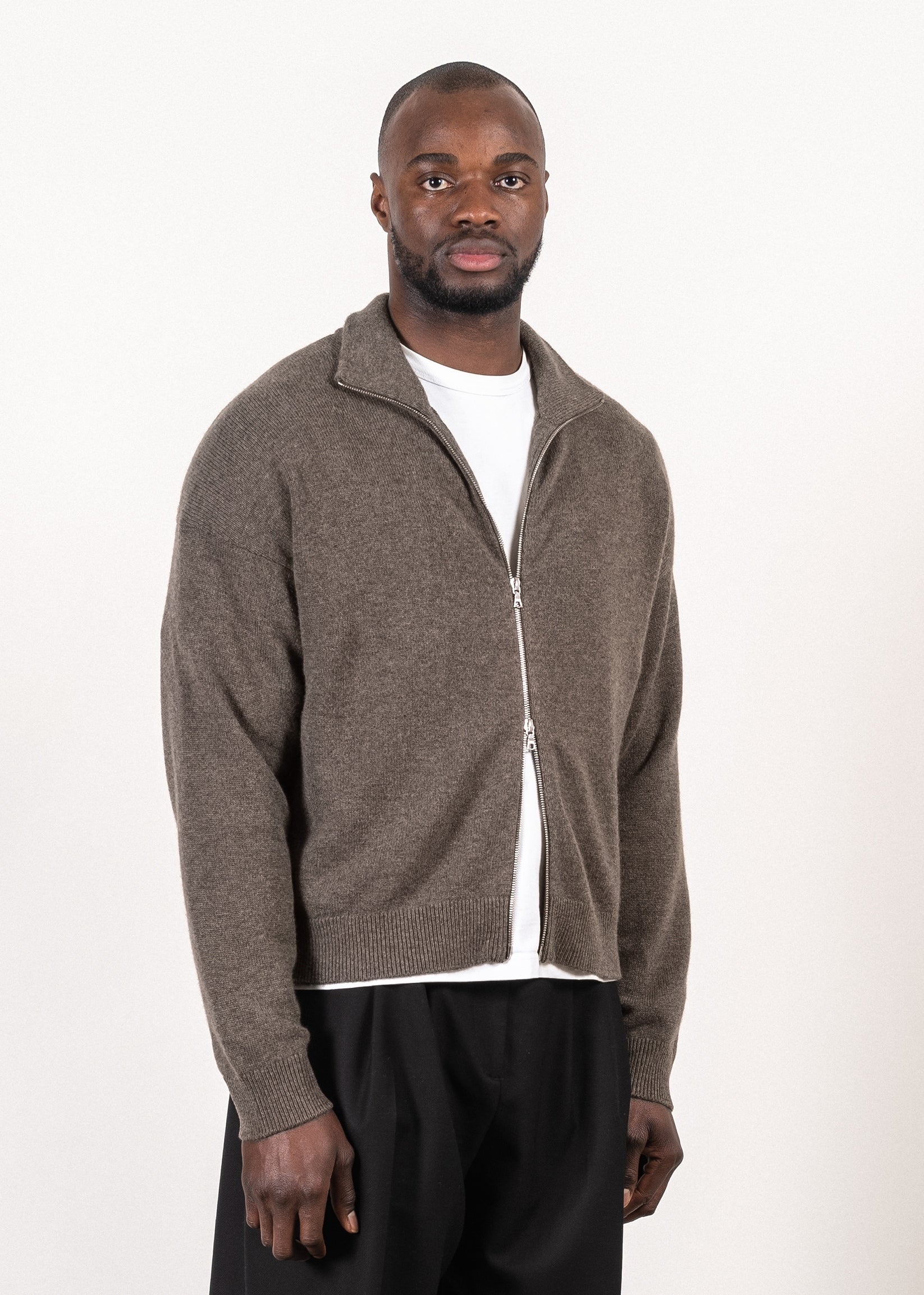 Y-0020 Oversized Full-Zip Merino/Cashmere Sweater - Dark Brown , Y-0020-DBRN-Semiopen-2