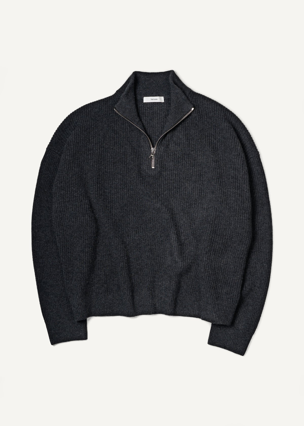 Y-0015 Oversized Ribbed Half-Zip Merino/Cashmere Sweater - Black Melange , Yacaia-Y-0015-Black-Melange-Flatlay-01_26b9c6df-207c-490f-8600-0cd1c435c342
