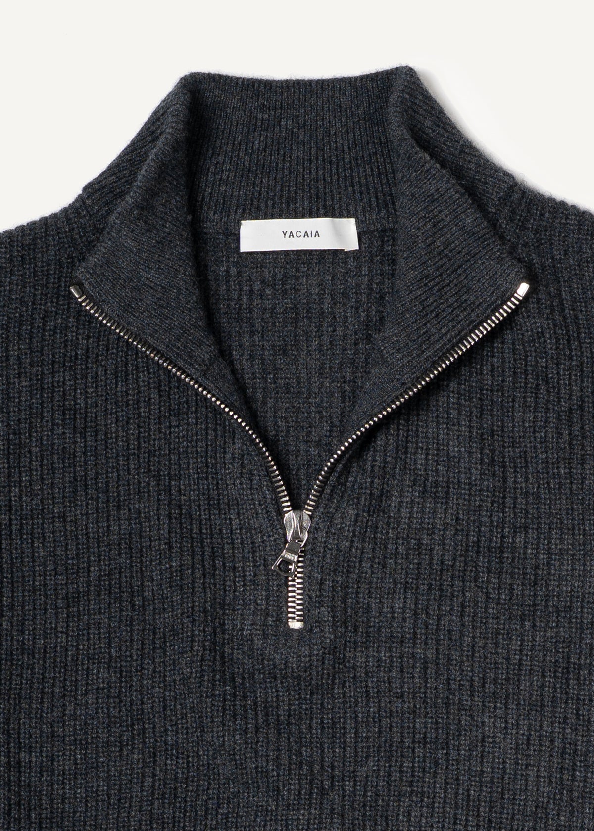 Y-0015 Oversized Ribbed Half-Zip Merino/Cashmere Sweater - Black Melange , Yacaia-Y-0015-Black-Melange-Flatlay-02