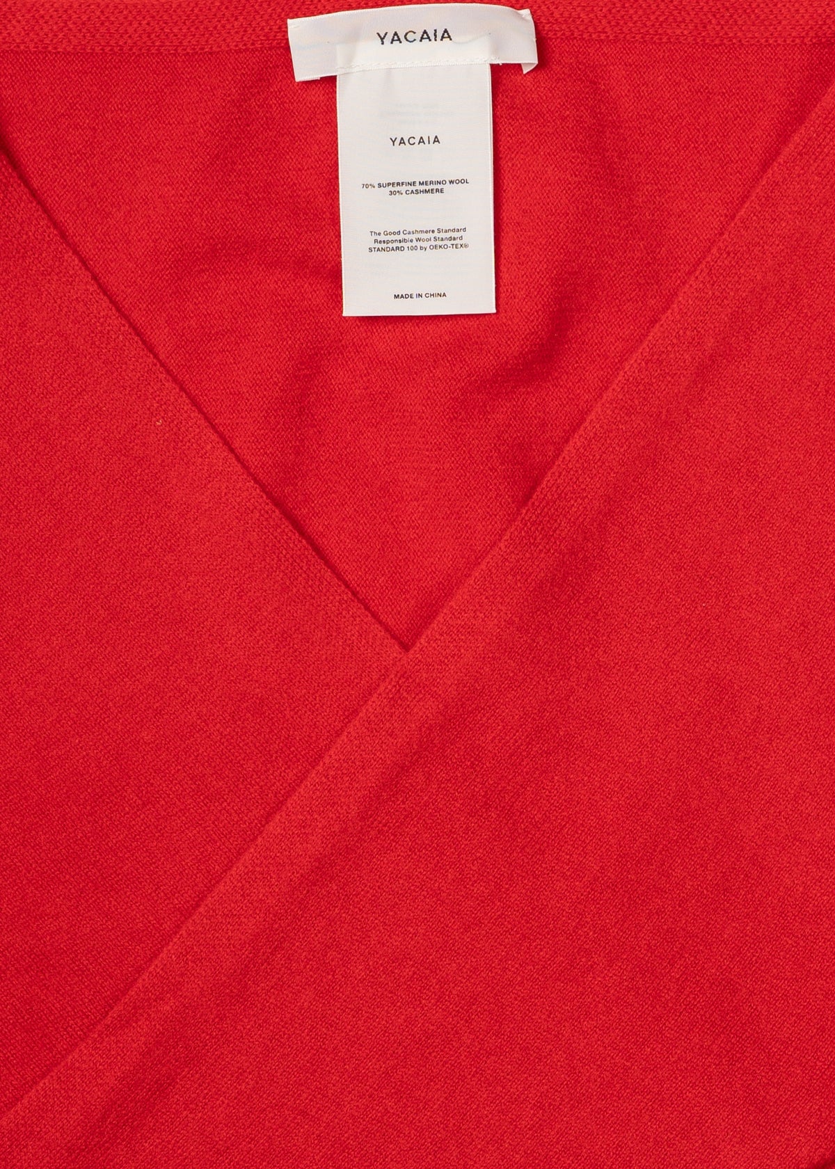 Y-0022 Triangle Merino/Cashmere Scarf - Red , Yacaia_Y-0022_Red_Flatlay_Zoom